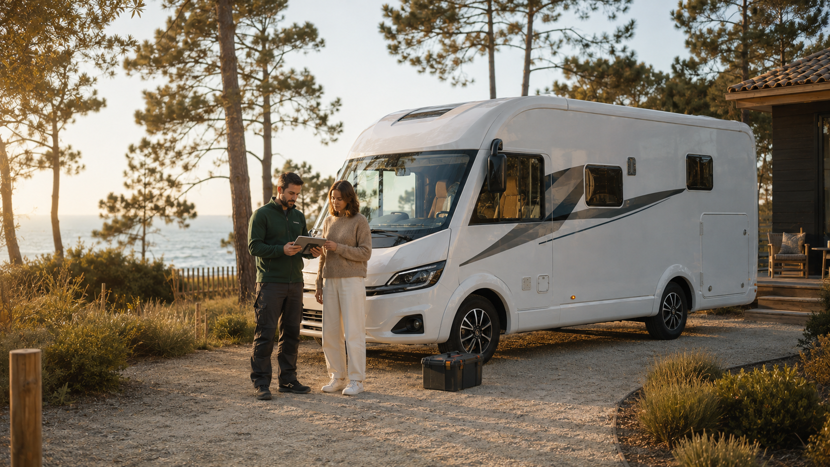 Technicien CampArca échangeant avec une cliente devant son camping-car, au plus près de son lieu de séjour