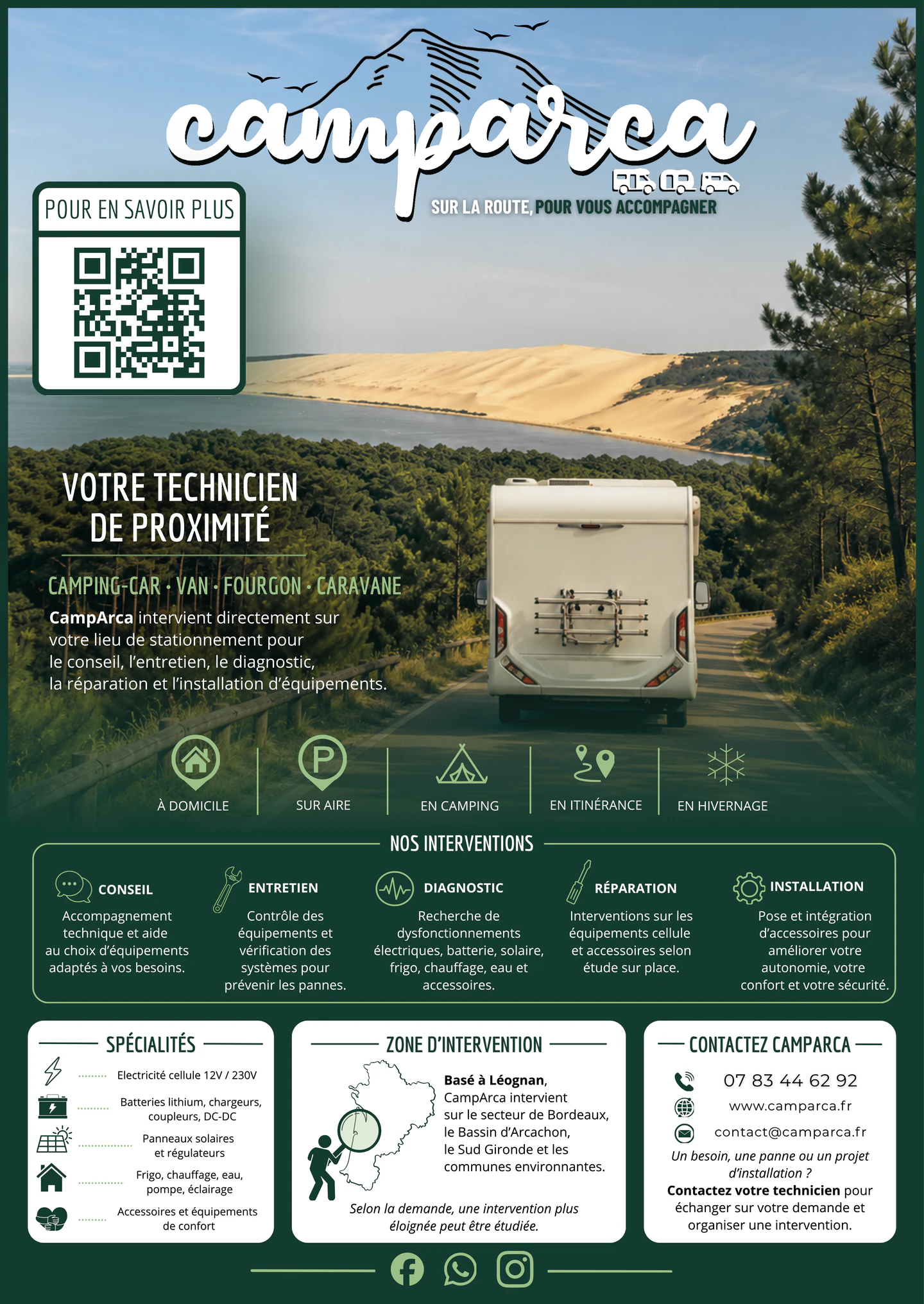 Flyer CampArca présentant les interventions mobiles pour camping-cars, vans, fourgons et caravanes